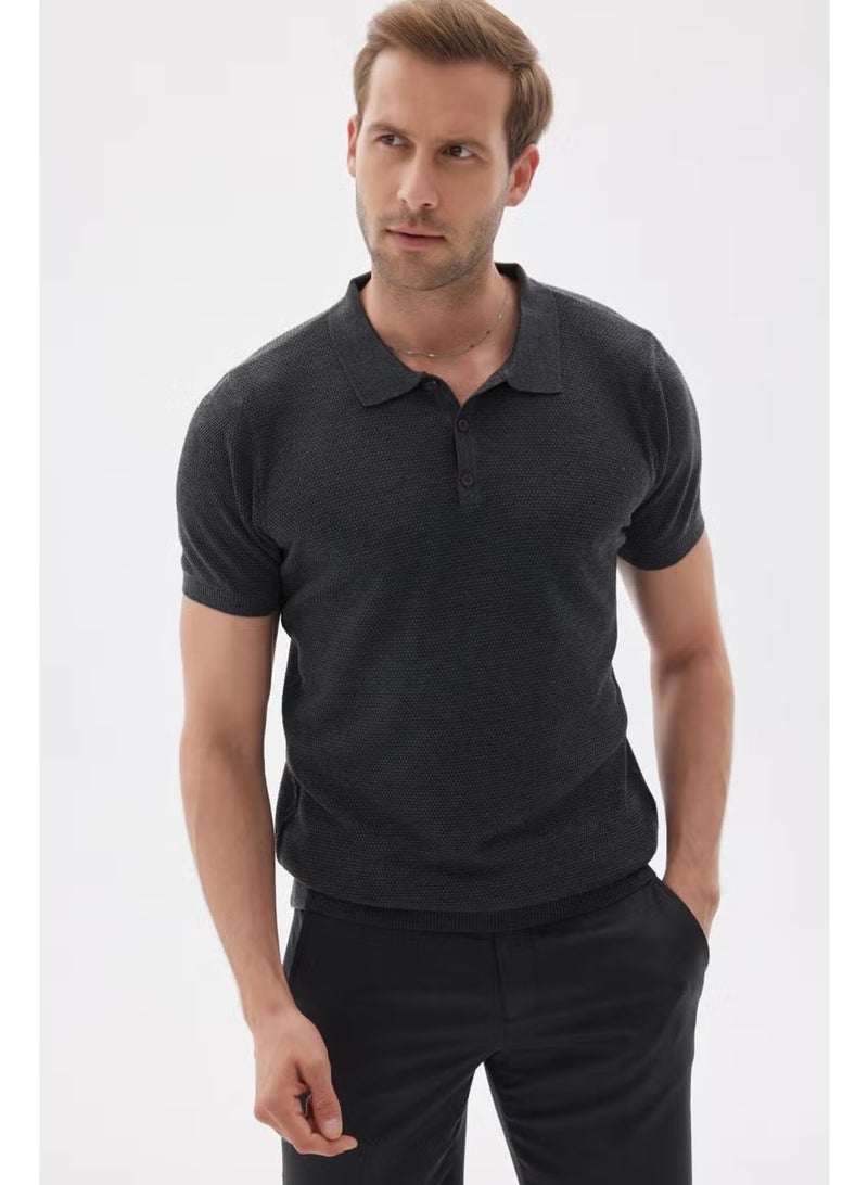 Odelon Men's Polo Neck Jacquard Knitwear T-Shirt Anthracite - Image 2
